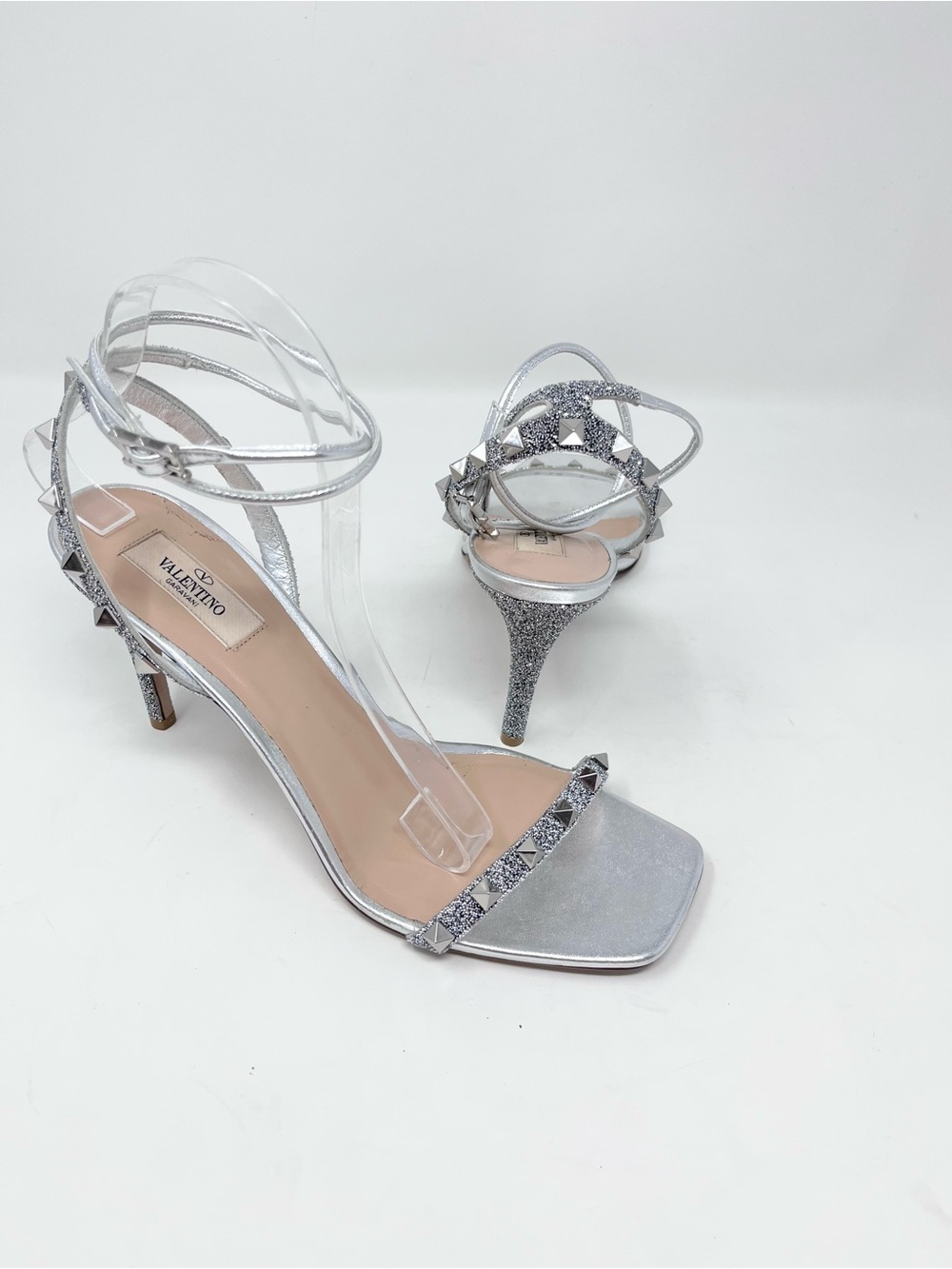 Valentino Garavani Rockstud Silver Glitter Ankle Strap Sandals size 41 EU